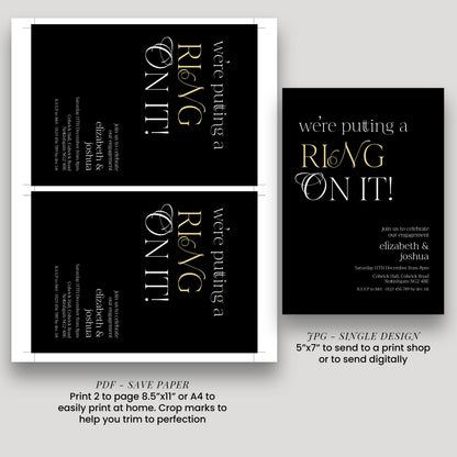 Ring On It Engagement Invitation, Black Gold Engagement Party Invite, Modern Couples Invite, Editable Corjl Template