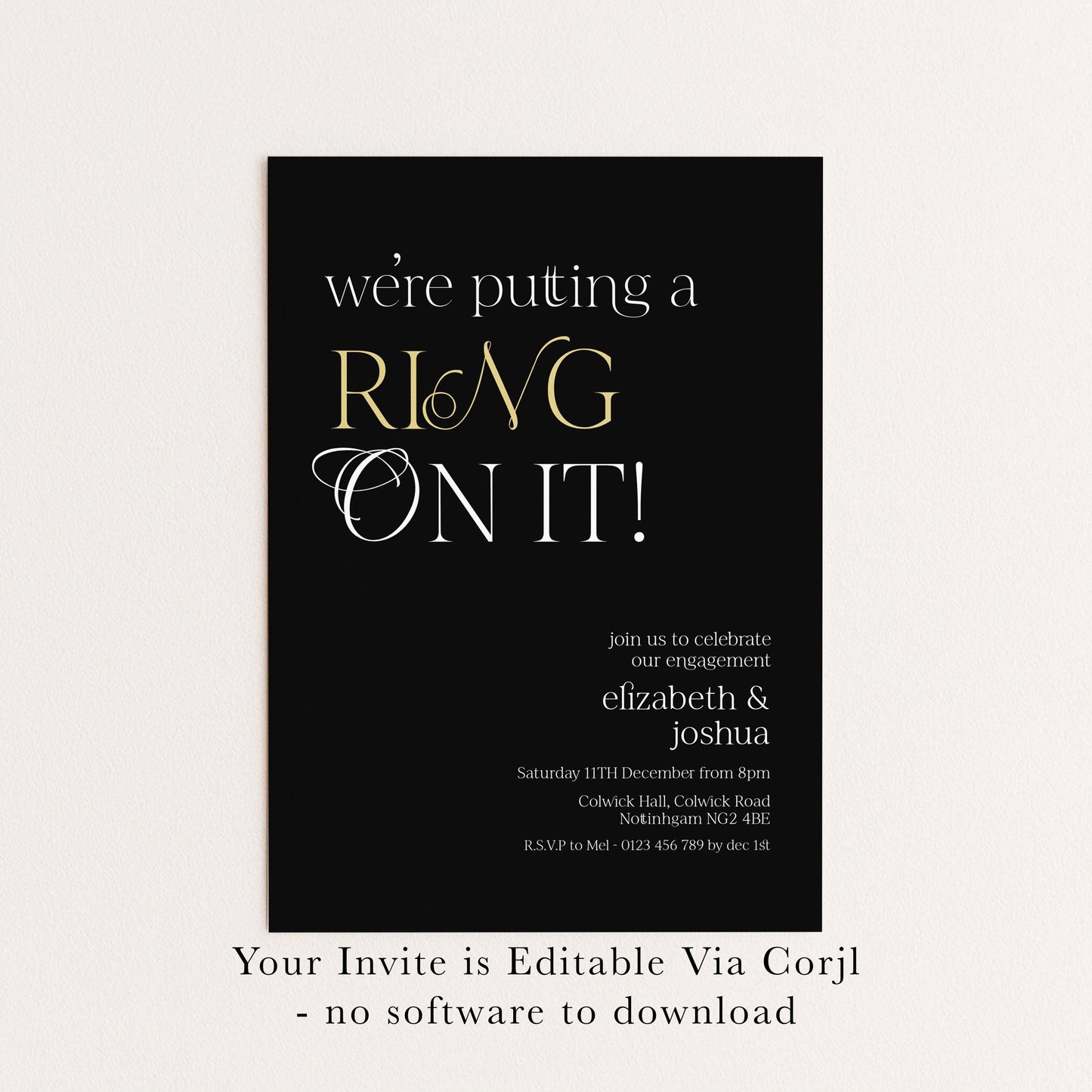 Ring On It Engagement Invitation, Black Gold Engagement Party Invite, Modern Couples Invite, Editable Corjl Template