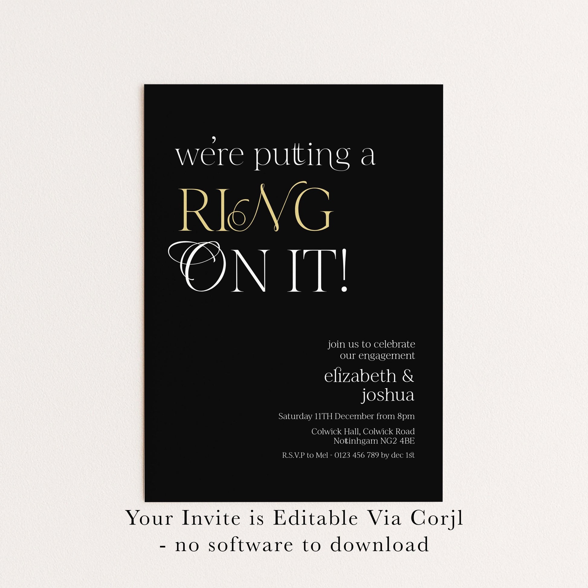 Ring On It Engagement Invitation, Black Gold Engagement Party Invite, Modern Couples Invite, Editable Corjl Template