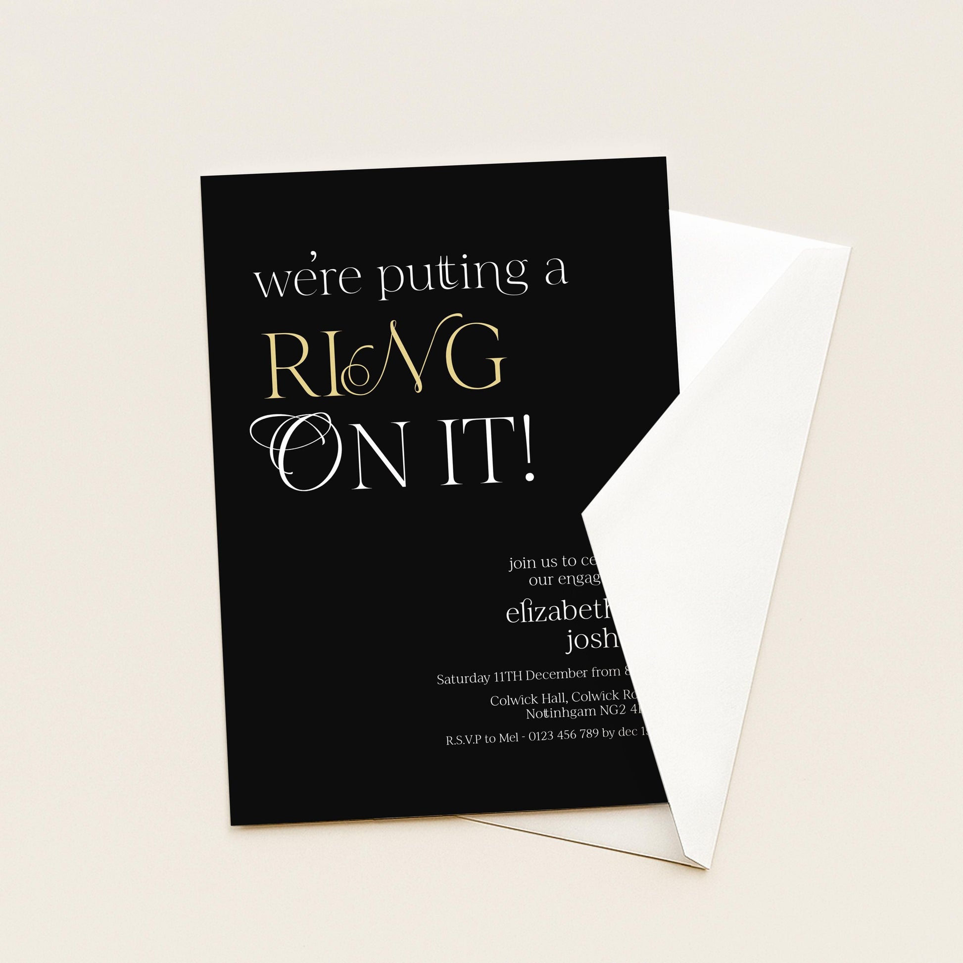 Ring On It Engagement Invitation, Black Gold Engagement Party Invite, Modern Couples Invite, Editable Corjl Template
