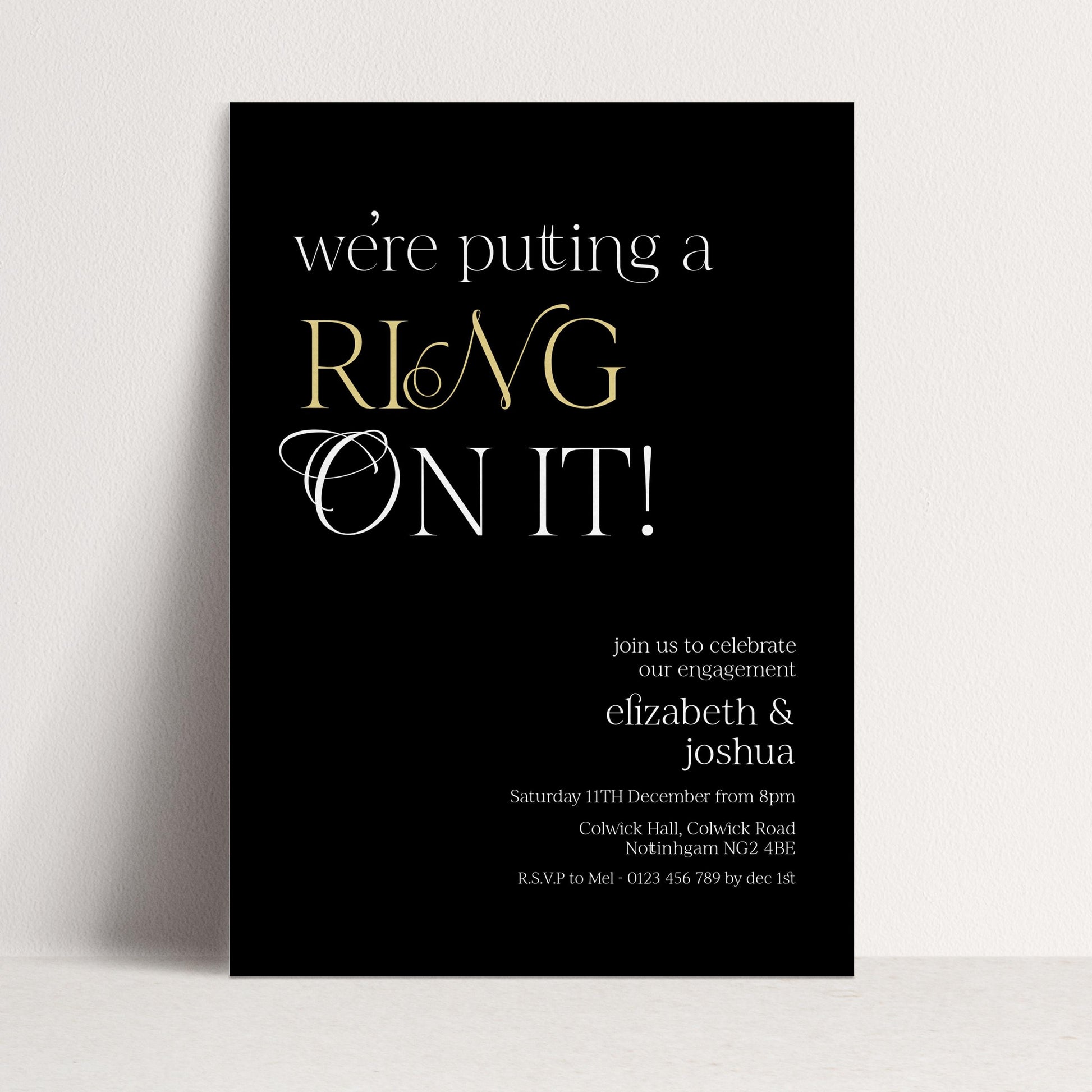 Ring On It Engagement Invitation, Black Gold Engagement Party Invite, Modern Couples Invite, Editable Corjl Template