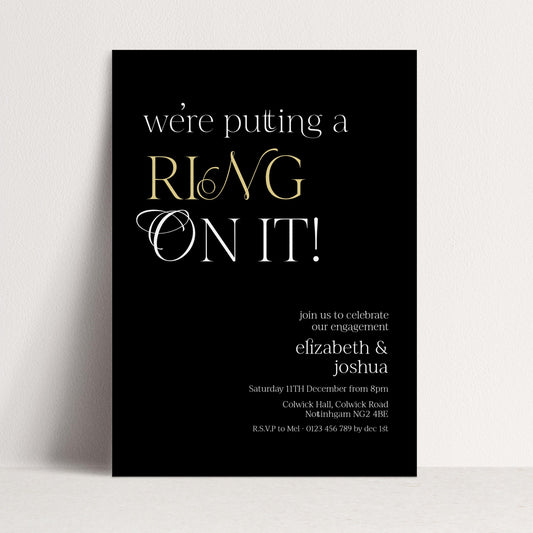 Ring On It Engagement Invitation, Black Gold Engagement Party Invite, Modern Couples Invite, Editable Corjl Template