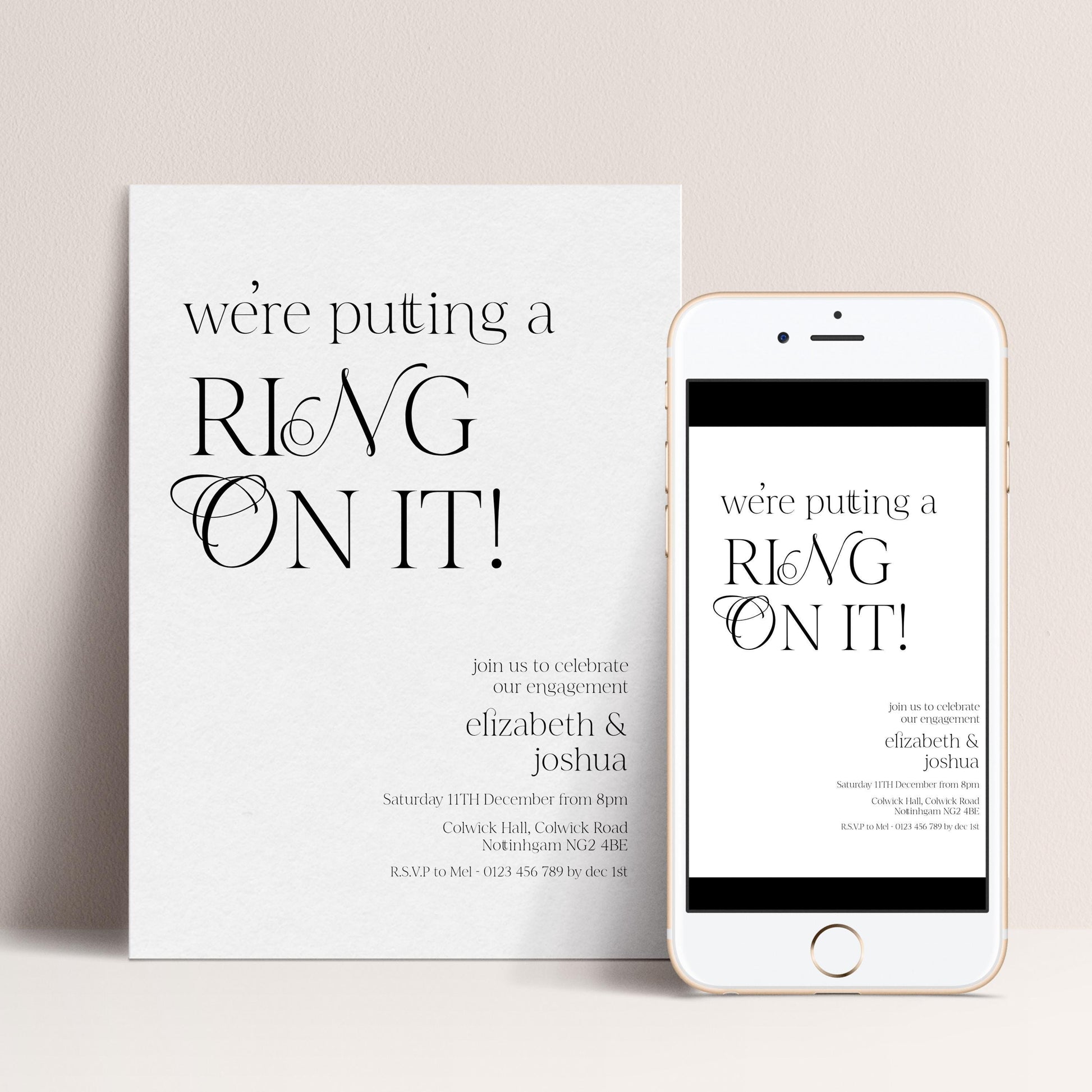 a wedding invitation card and a smartphone displaying the same wedding invitation.