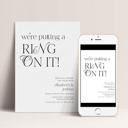 a wedding invitation card and a smartphone displaying the same wedding invitation.