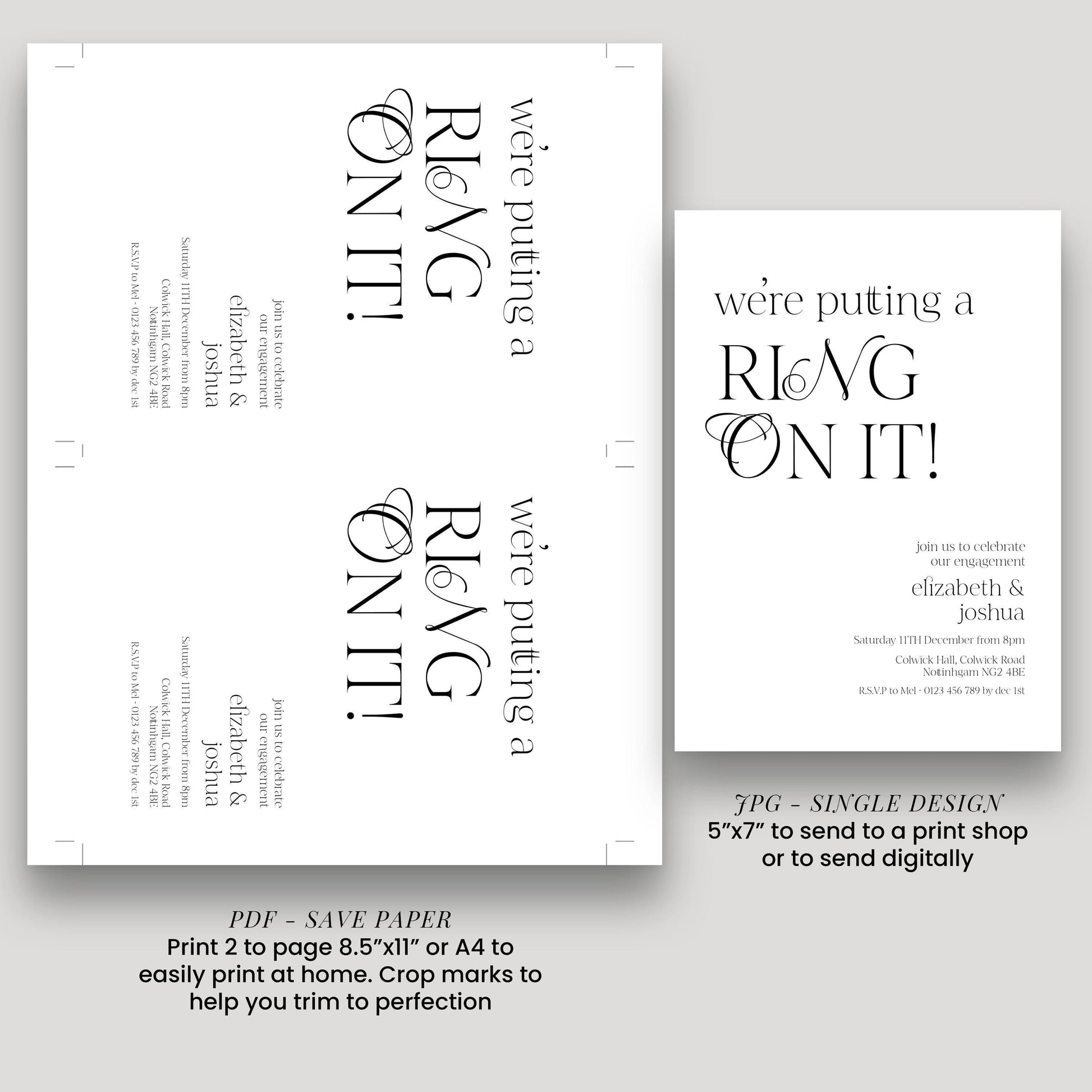 The image is a single design wedding invitation featuring a monochromatic color scheme with a bold, modern font.