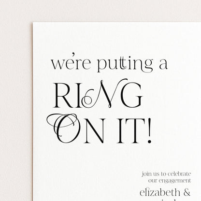 The image is a wedding invitation card with the text "we're putting a ring on it!" and invites guests to celebrate the couple's engagement.