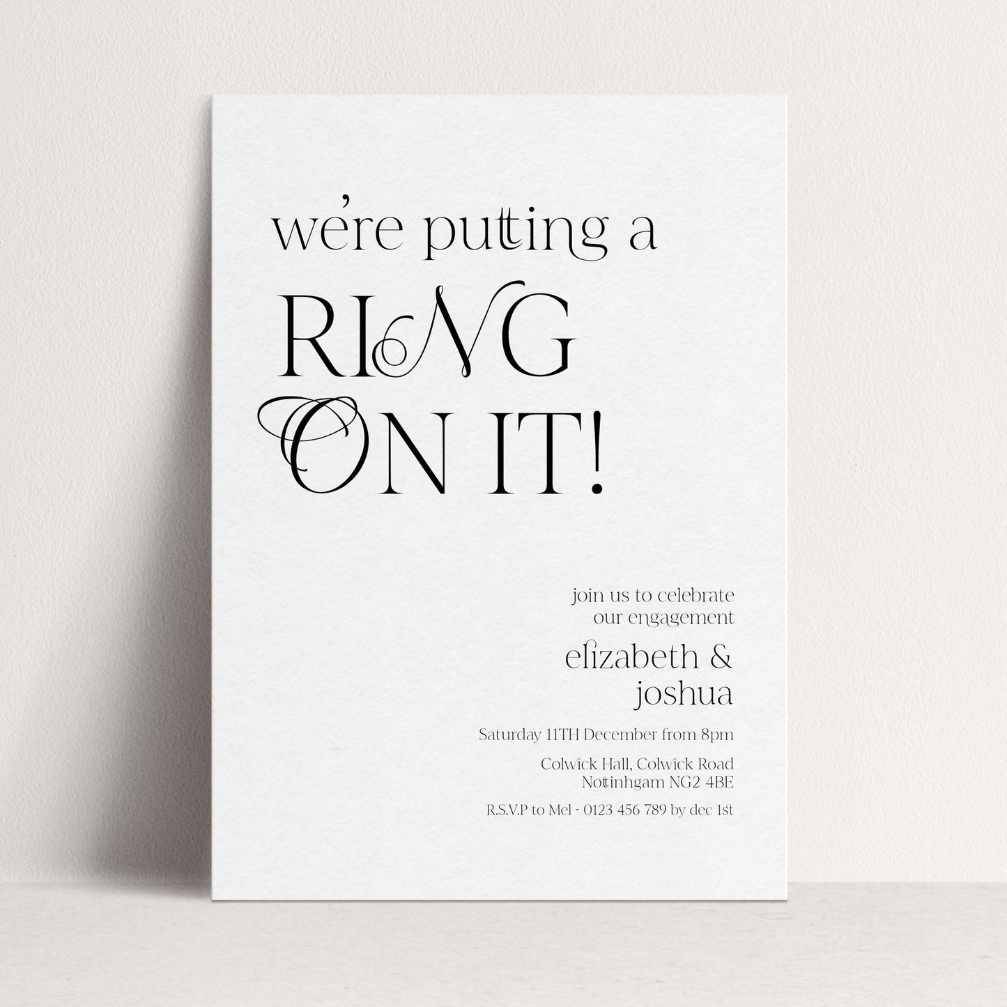 The image is a wedding invitation card with a minimalist design.