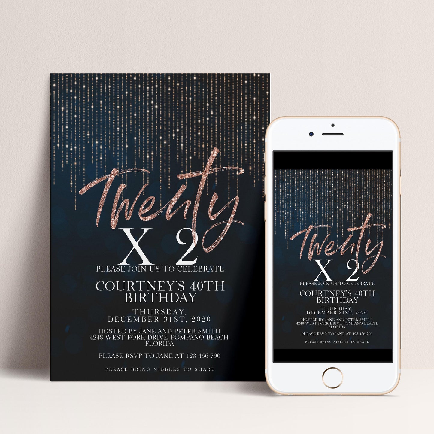 Rose Gold 40th Birthday Invitation Glitter 20 x 2 Birthday Invitation Printable Instant Download Editable template Corjl Invite