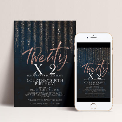 Rose Gold 40th Birthday Invitation Glitter 20 x 2 Birthday Invitation Printable Instant Download Editable template Corjl Invite