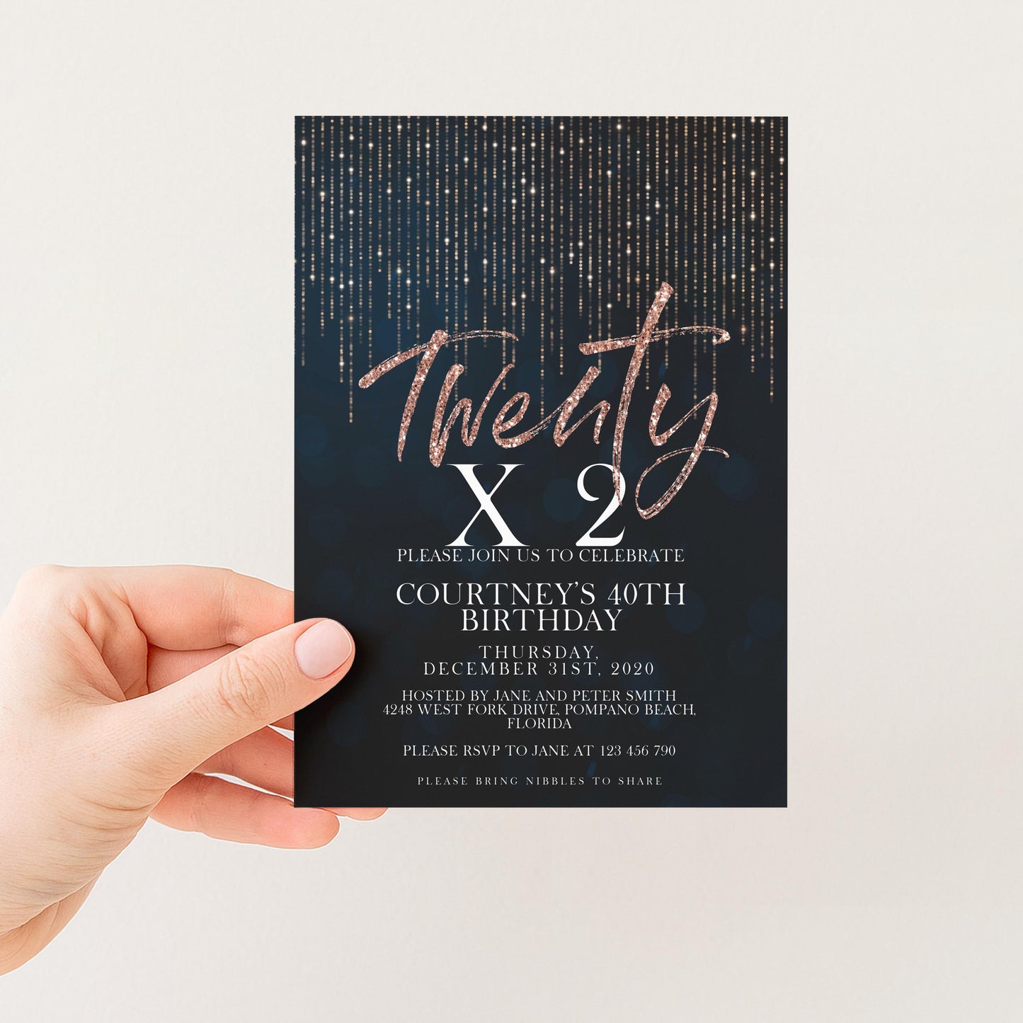 Rose Gold 40th Birthday Invitation Glitter 20 x 2 Birthday Invitation Printable Instant Download Editable template Corjl Invite
