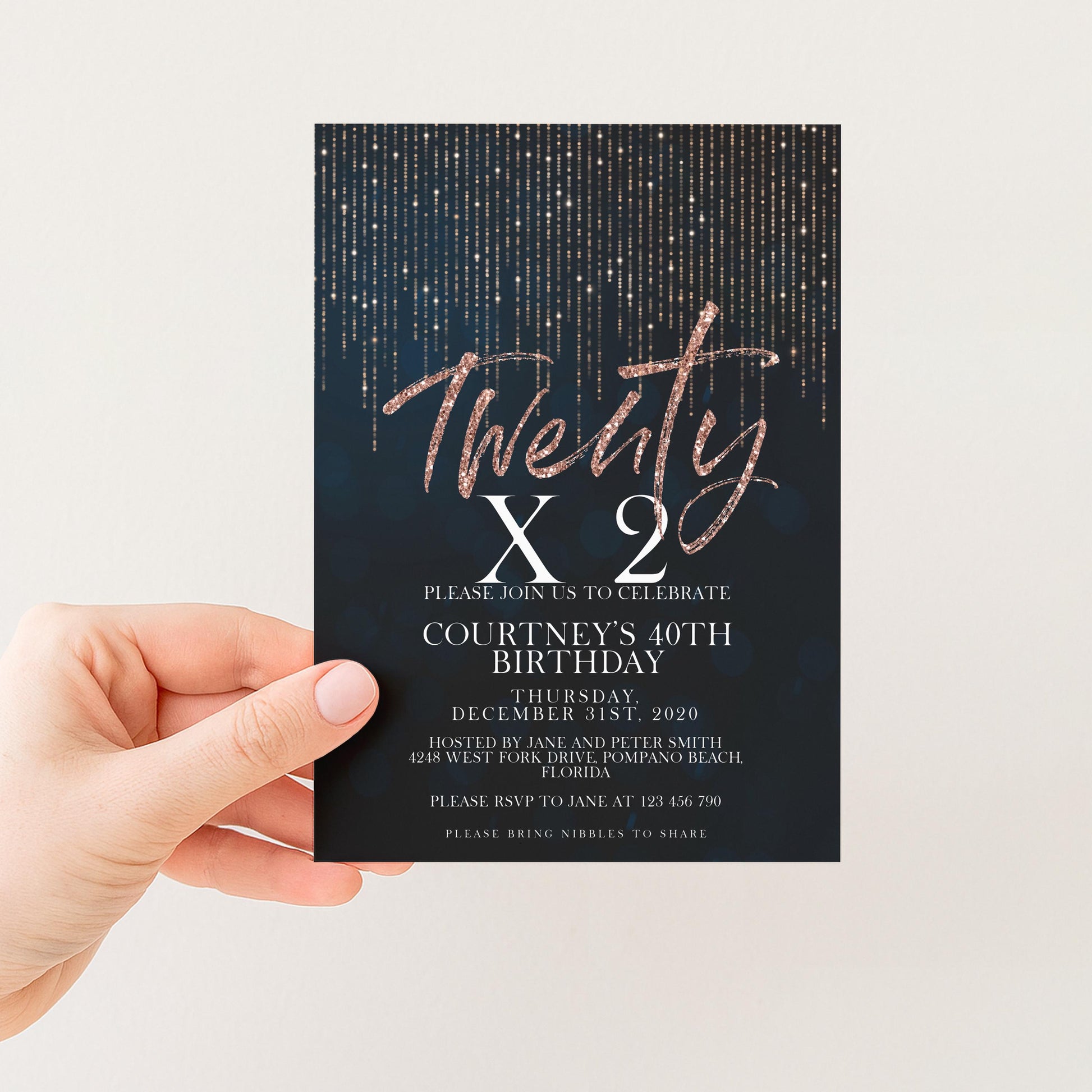 Rose Gold 40th Birthday Invitation Glitter 20 x 2 Birthday Invitation Printable Instant Download Editable template Corjl Invite