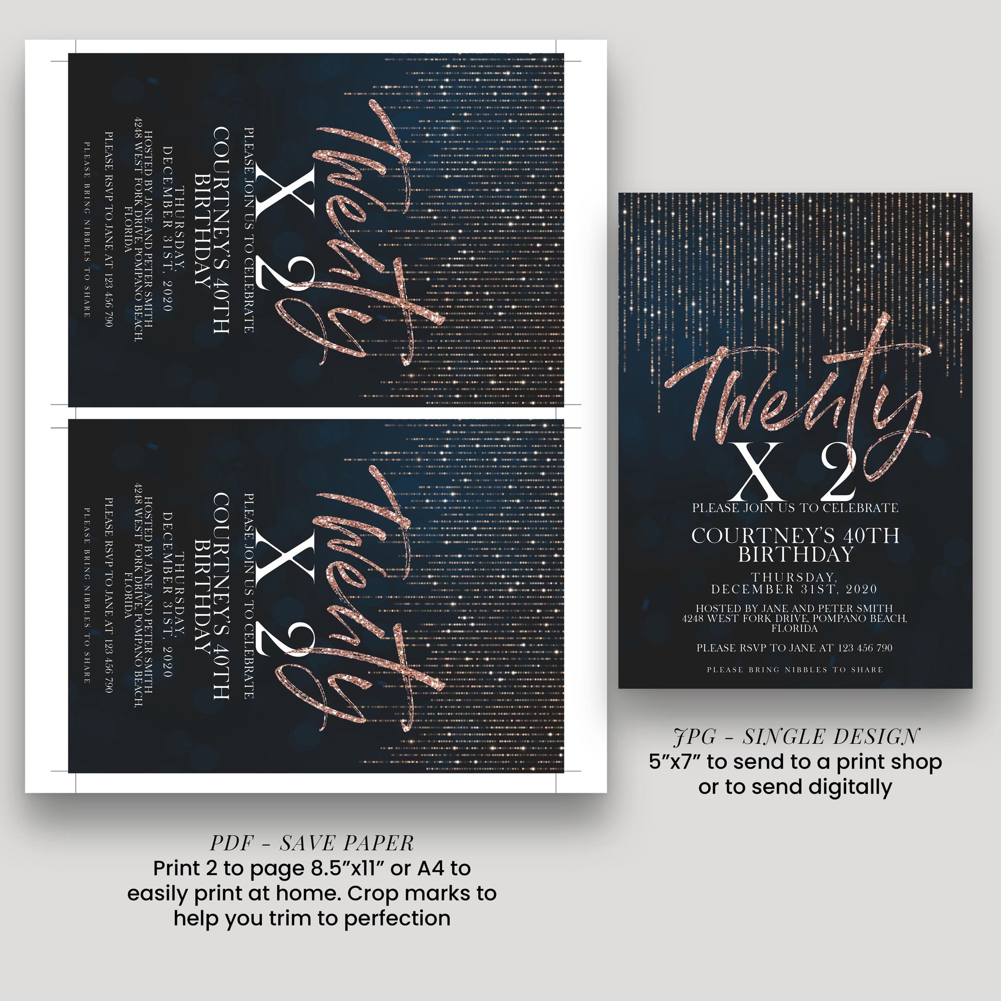 Rose Gold 40th Birthday Invitation Glitter 20 x 2 Birthday Invitation Printable Instant Download Editable template Corjl Invite