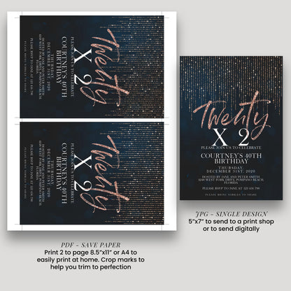 Rose Gold 40th Birthday Invitation Glitter 20 x 2 Birthday Invitation Printable Instant Download Editable template Corjl Invite
