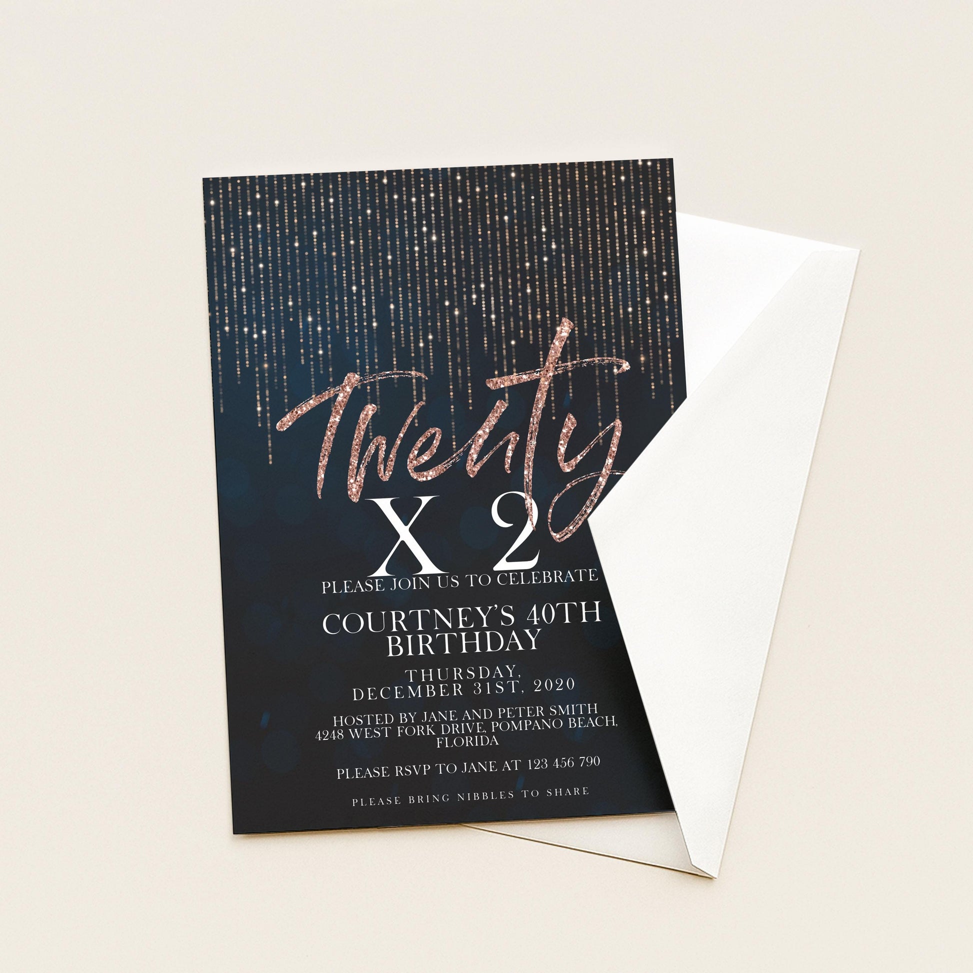 Rose Gold 40th Birthday Invitation Glitter 20 x 2 Birthday Invitation Printable Instant Download Editable template Corjl Invite