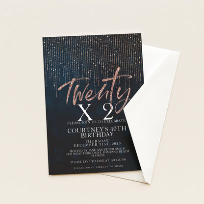 Rose Gold 40th Birthday Invitation Glitter 20 x 2 Birthday Invitation Printable Instant Download Editable template Corjl Invite