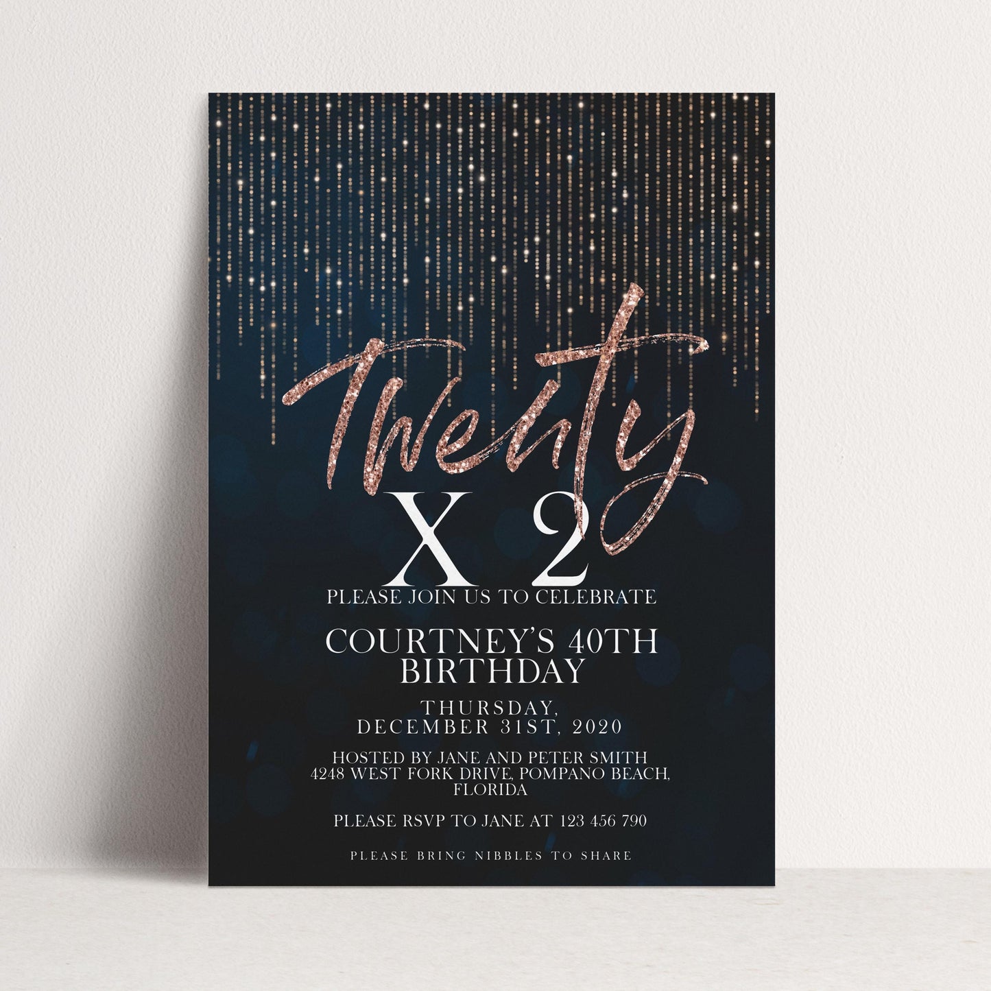 Rose Gold 40th Birthday Invitation Glitter 20 x 2 Birthday Invitation Printable Instant Download Editable template Corjl Invite