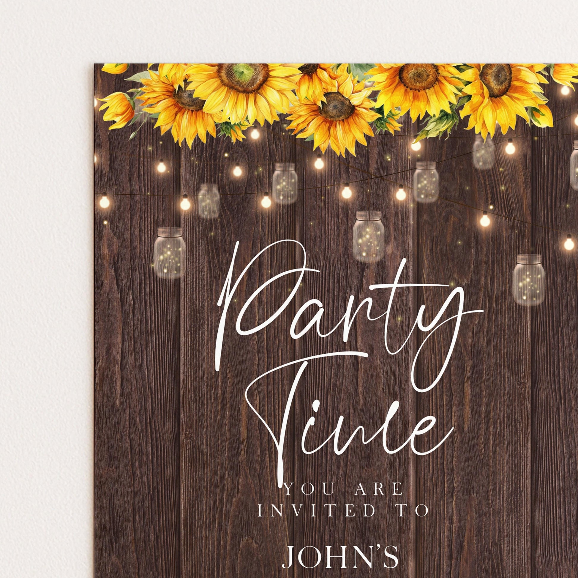 The image is a party invitation with a rustic wooden background and a string of lights. The text on the invitation reads "Party Time You are Invited to John's".