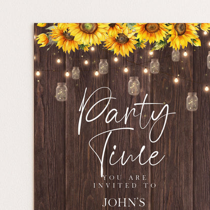 The image is a party invitation with a rustic wooden background and a string of lights. The text on the invitation reads "Party Time You are Invited to John's".