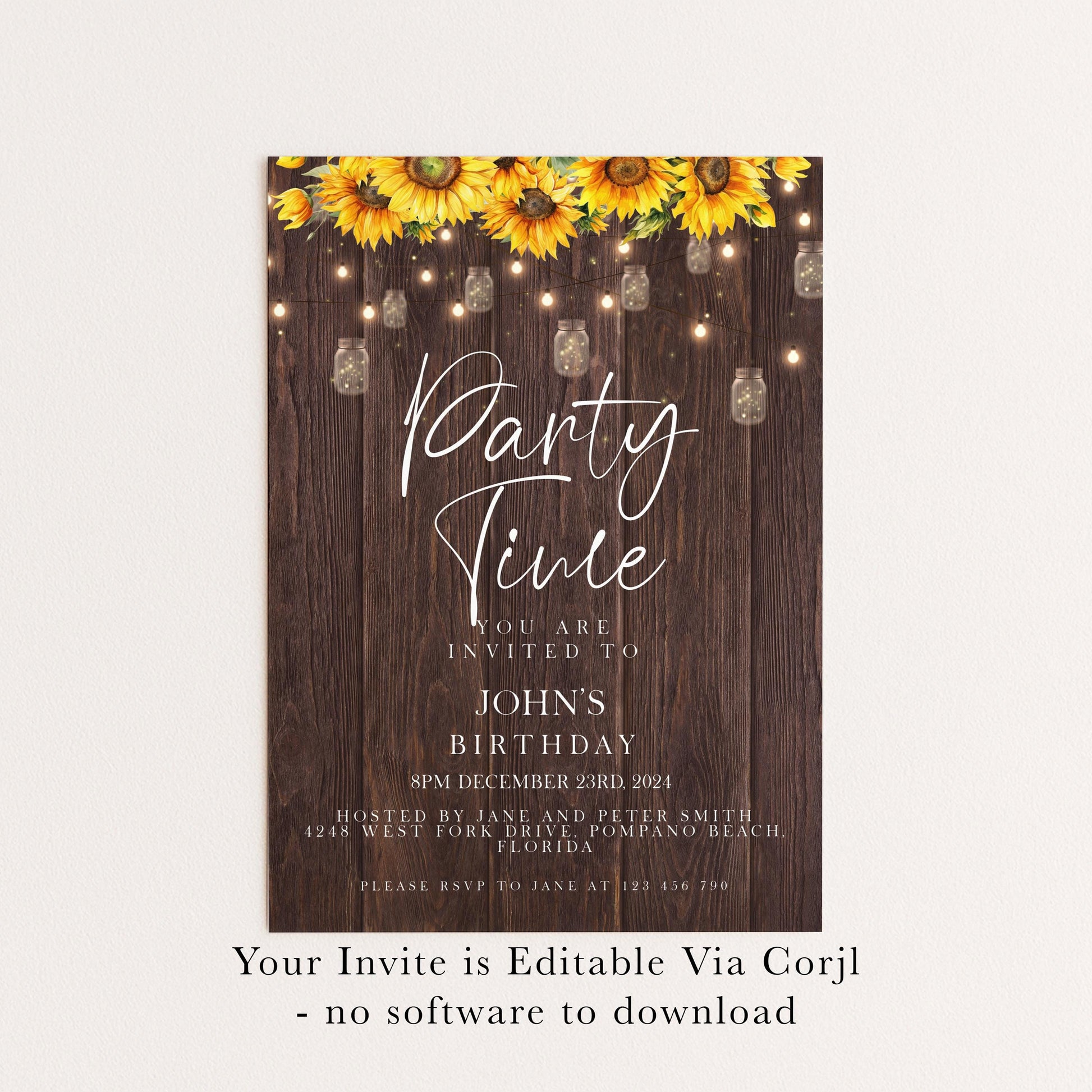 The image is a birthday party invitation featuring a rustic wooden background with yellow sunflowers and string lights. The text invites guests to a birthday party for John, scheduled for December 23rd, 2021, at 8PM at Jane's house in Pompano Beach, California. The invitation is available for download, and guests are requested to RSVP to Jane at 123 456 790.