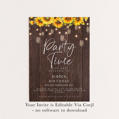 The image is a birthday party invitation featuring a rustic wooden background with yellow sunflowers and string lights. The text invites guests to a birthday party for John, scheduled for December 23rd, 2021, at 8PM at Jane's house in Pompano Beach, California. The invitation is available for download, and guests are requested to RSVP to Jane at 123 456 790.