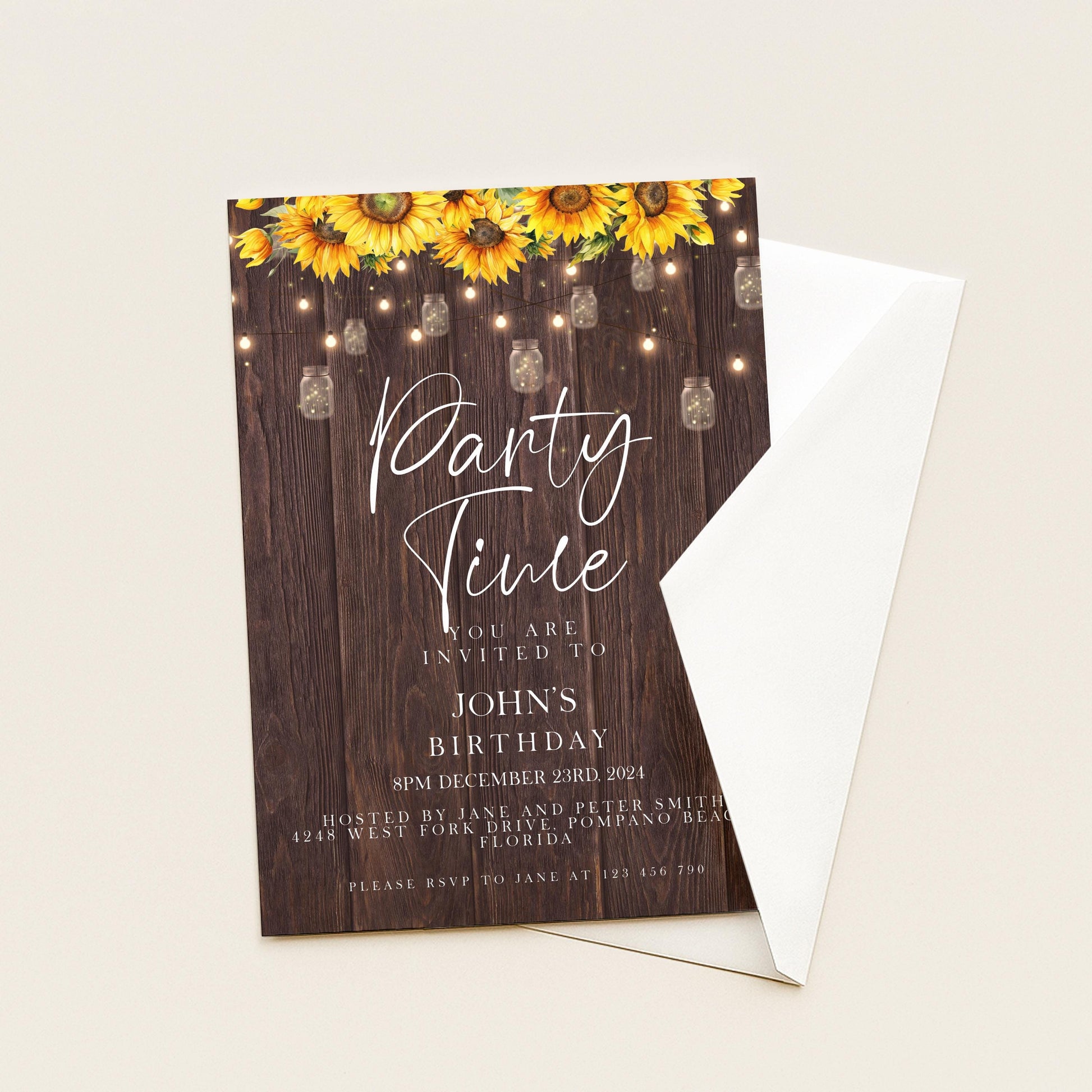 A rustic wooden invitation card for a birthday party, featuring a sunflower design and string lights.
