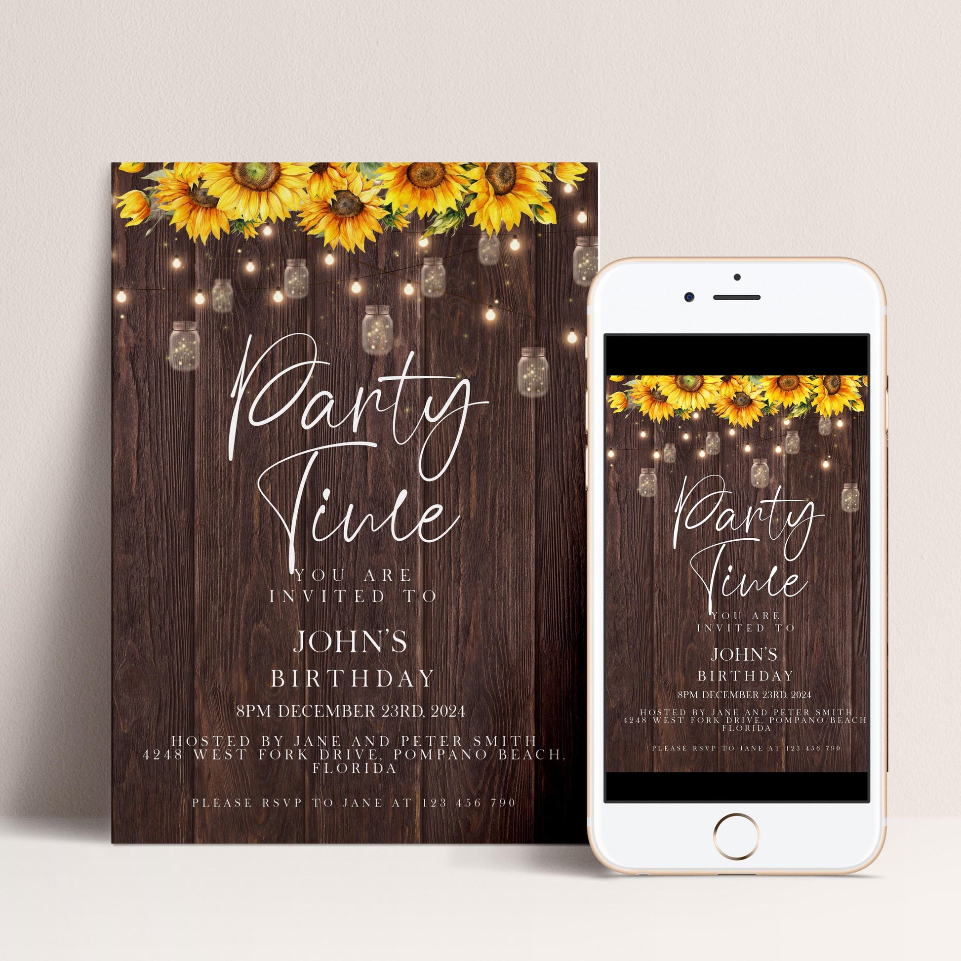 The image is a birthday party invitation featuring a rustic wooden background with yellow sunflowers and string lights. The text invites guests to a party and provides details about the event, including the date, time, location, and hosts.
