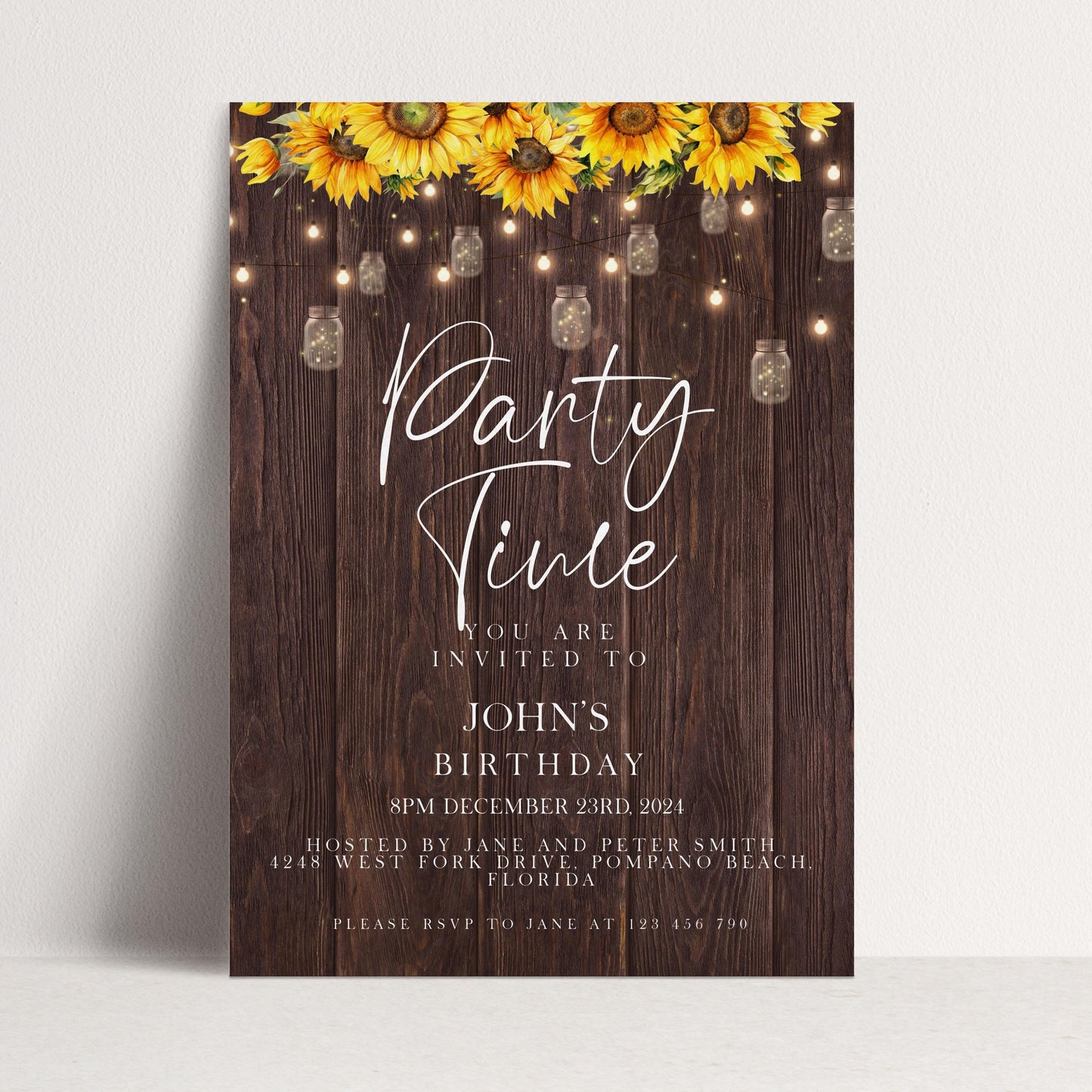 A rustic wooden invitation card with a sunflower design and string lights, inviting guests to a birthday party.