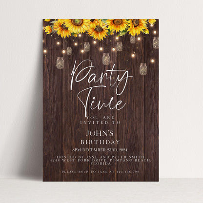 A rustic wooden invitation card with a sunflower design and string lights, inviting guests to a birthday party.