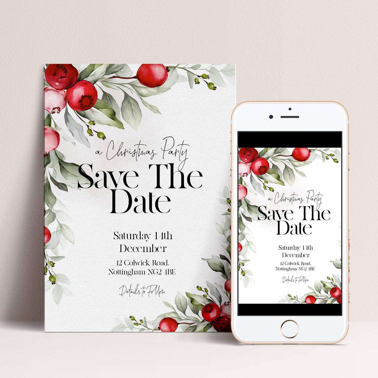 Save The Date Christmas Party Invitation Editable Template Holiday Christmas Foliage Invite Printable Instant Download
