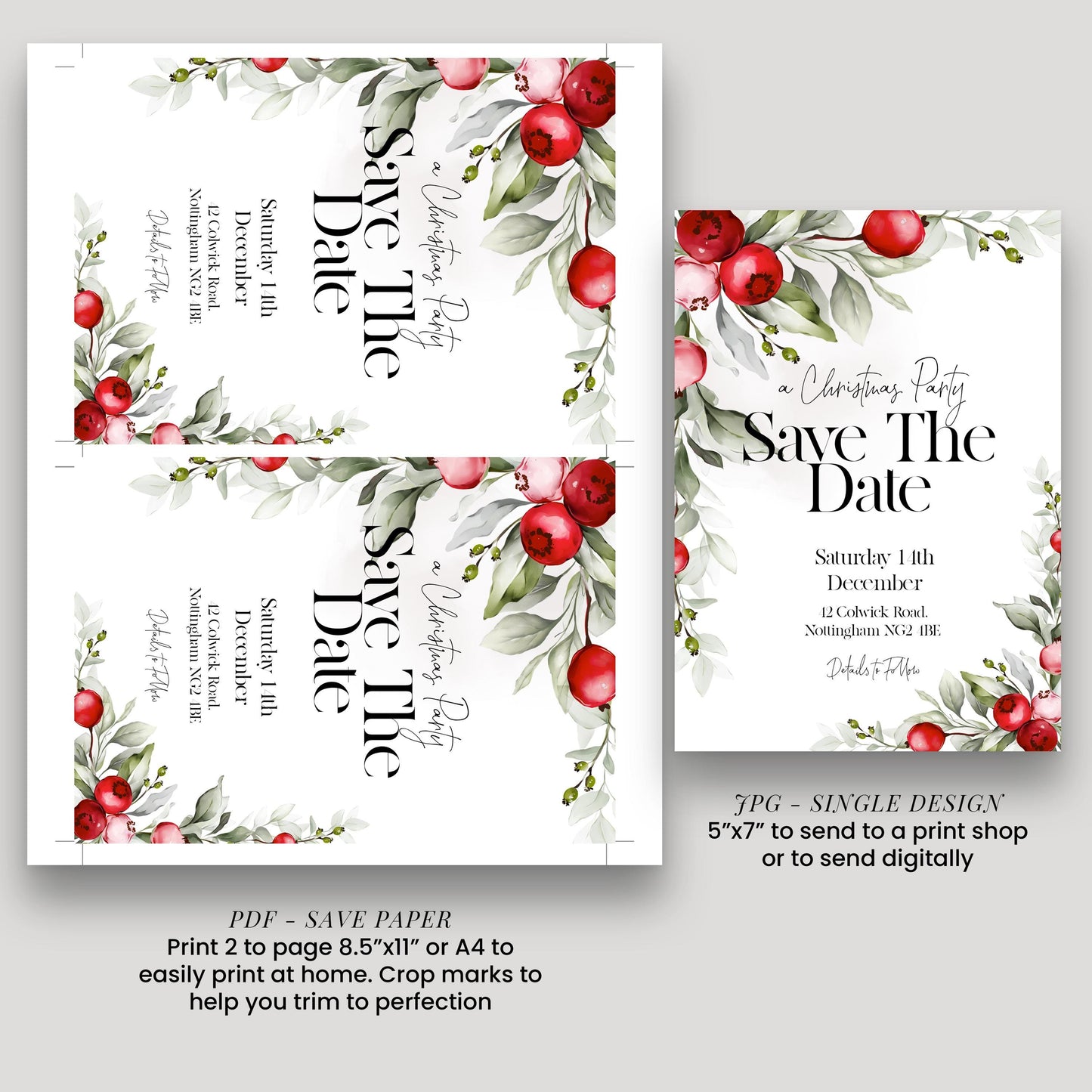 Save The Date Christmas Party Invitation Editable Template Holiday Christmas Foliage Invite Printable Instant Download