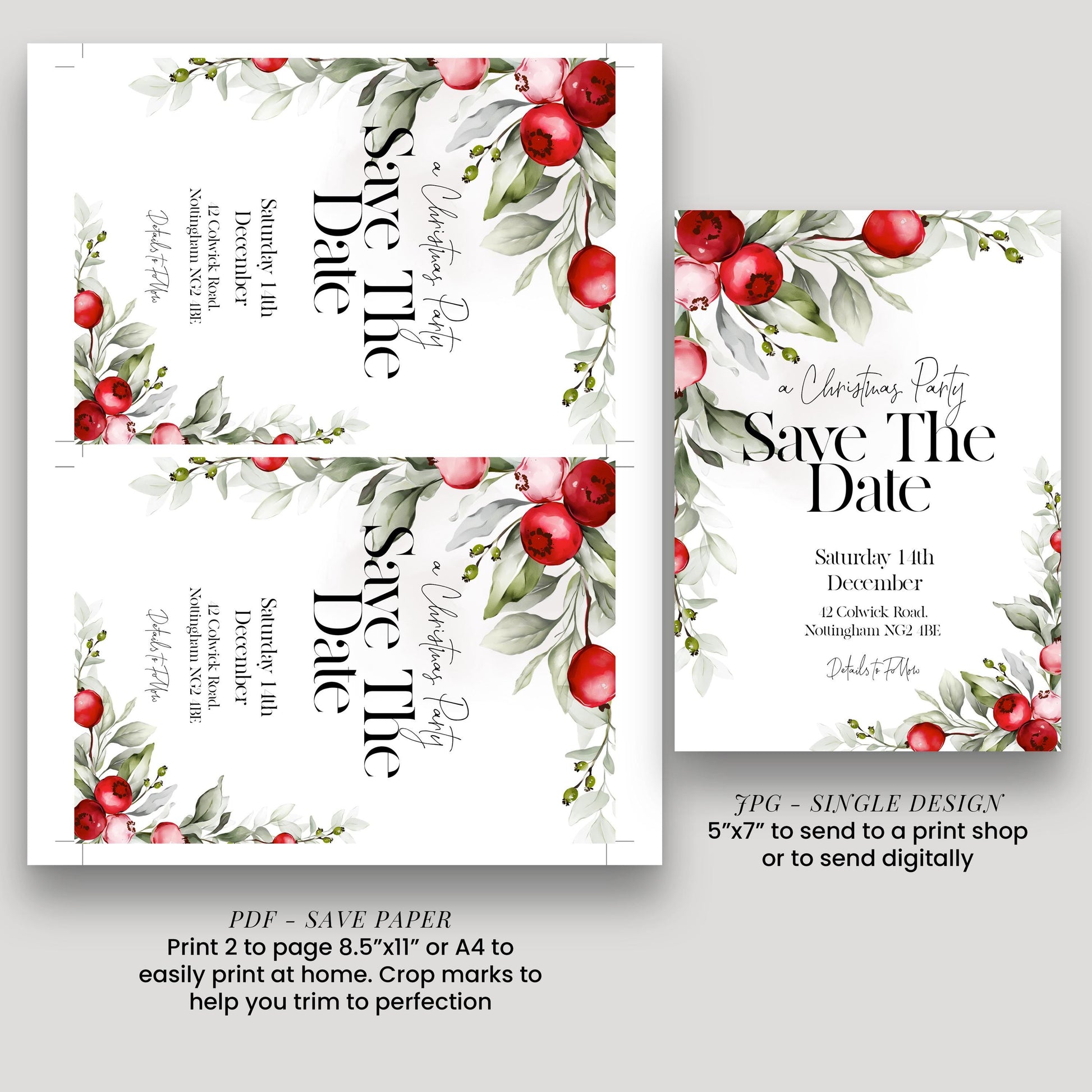 Save The Date Christmas Party Invitation Editable Template Holiday Christmas Foliage Invite Printable Instant Download