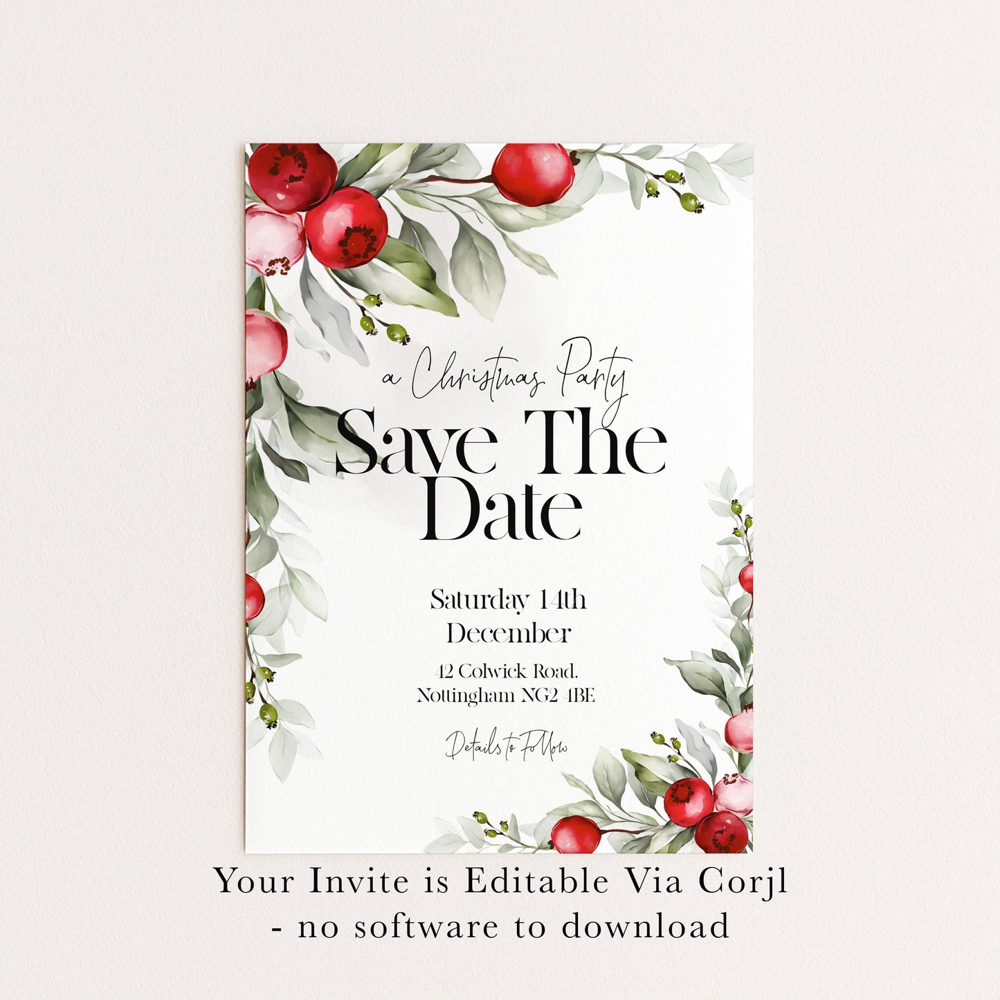 Save The Date Christmas Party Invitation Editable Template Holiday Christmas Foliage Invite Printable Instant Download