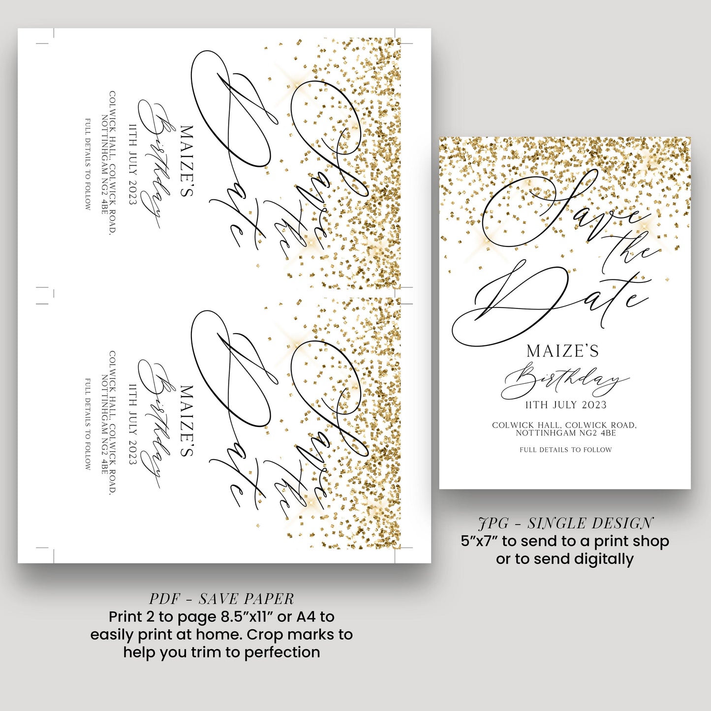 a wedding invitation with a gold glitter design, printed on a white background.