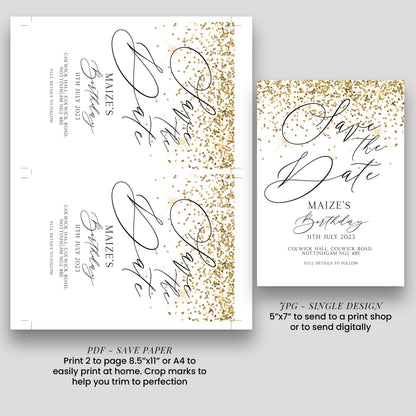 a wedding invitation with a gold glitter design, printed on a white background.