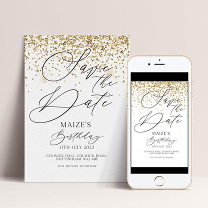 a wedding invitation card and a smartphone displaying the same wedding invitation.