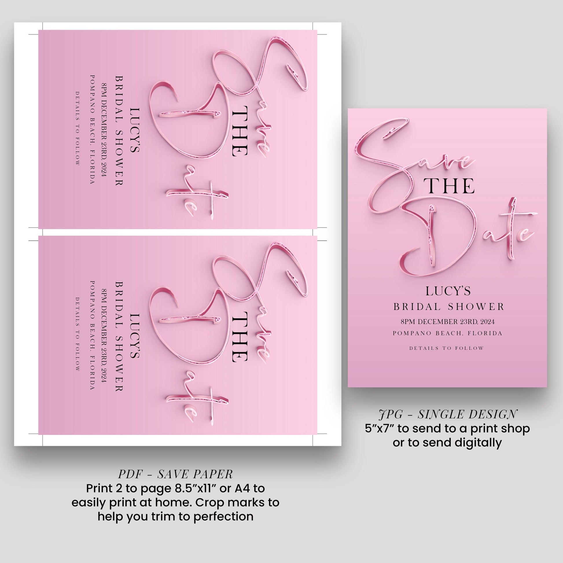 Save The Date Editable invite Pink Sparkly Date Reminder, Simple Elegant For Her Instant Download Printable SPK