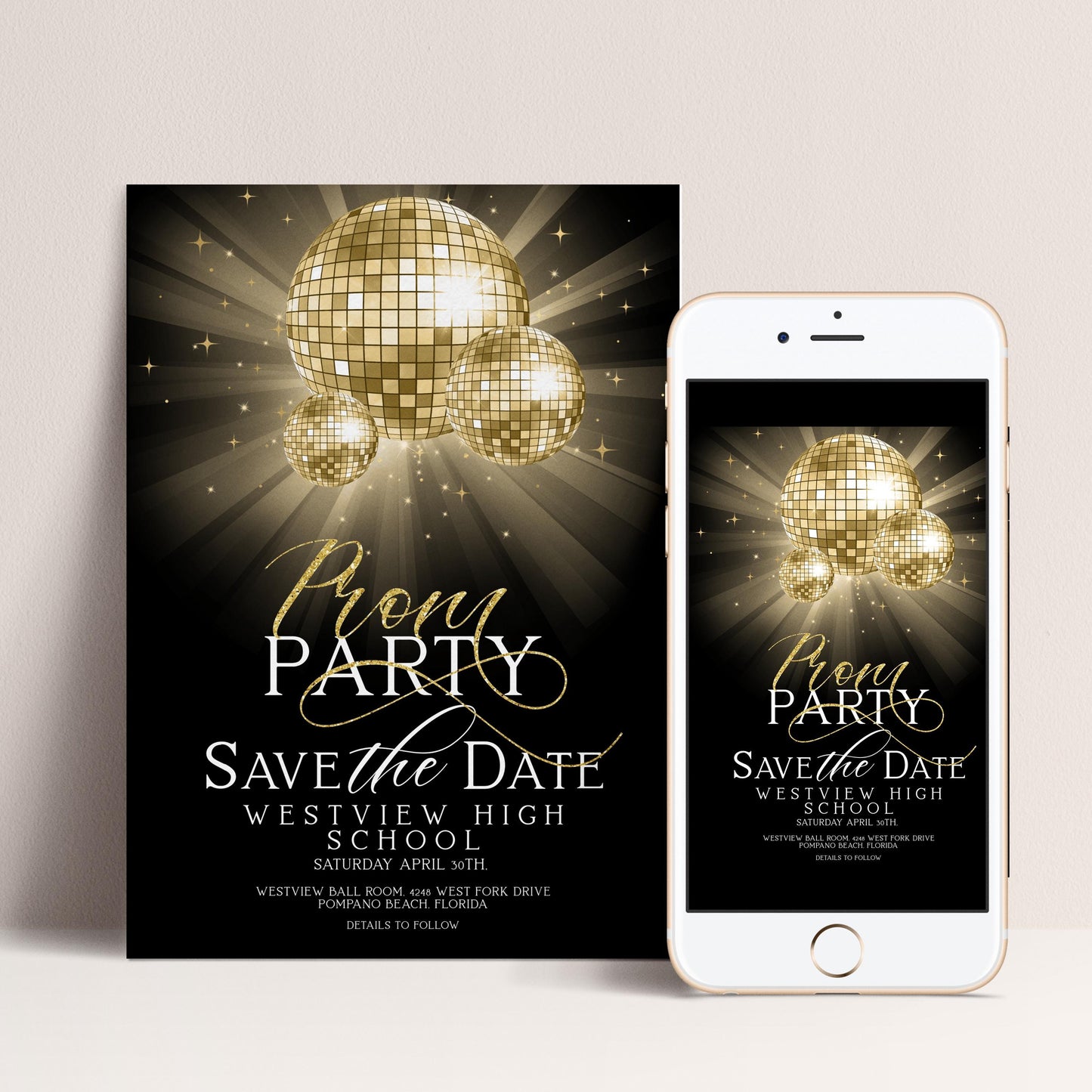 Save The Date Prom Invitations Award Night Invite Event Invite Glitter Ball Gold and Black Disco Printable Editable Instant Download