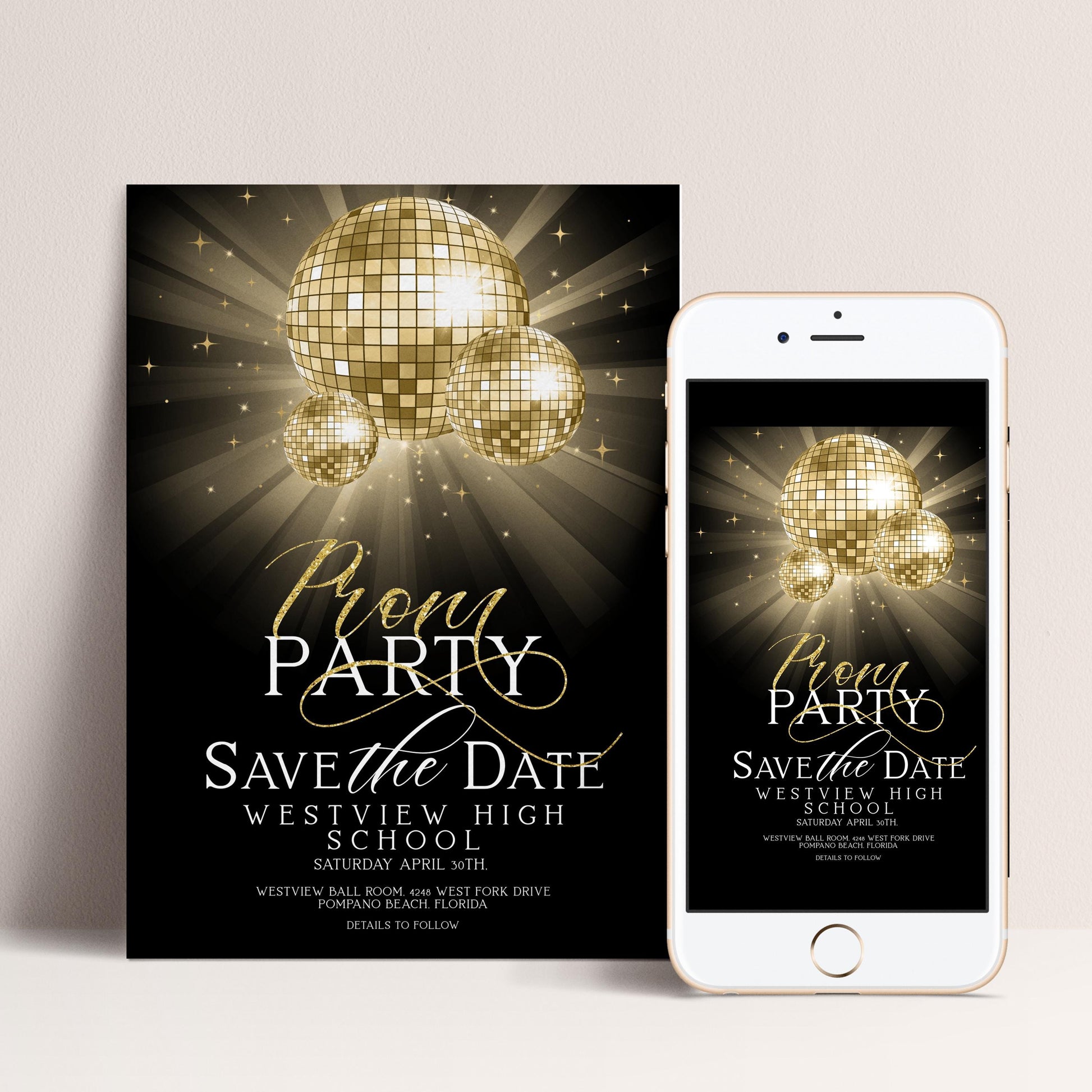 Save The Date Prom Invitations Award Night Invite Event Invite Glitter Ball Gold and Black Disco Printable Editable Instant Download