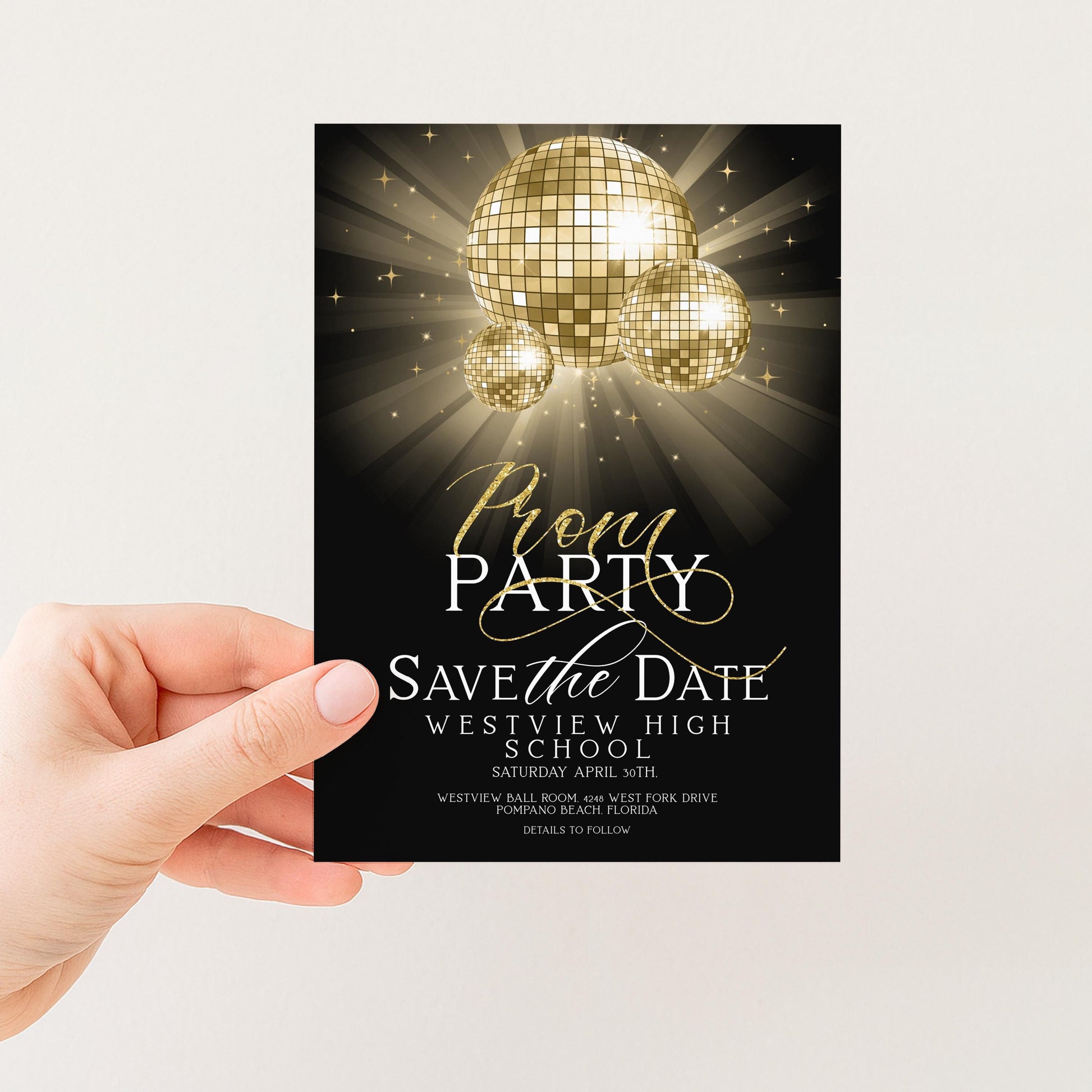 Save The Date Prom Invitations Award Night Invite Event Invite Glitter Ball Gold and Black Disco Printable Editable Instant Download