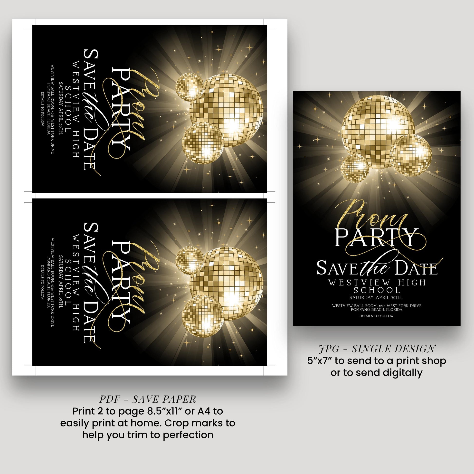 Save The Date Prom Invitations Award Night Invite Event Invite Glitter Ball Gold and Black Disco Printable Editable Instant Download