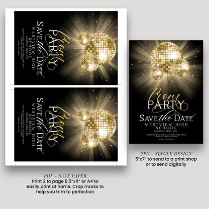 Save The Date Prom Invitations Award Night Invite Event Invite Glitter Ball Gold and Black Disco Printable Editable Instant Download