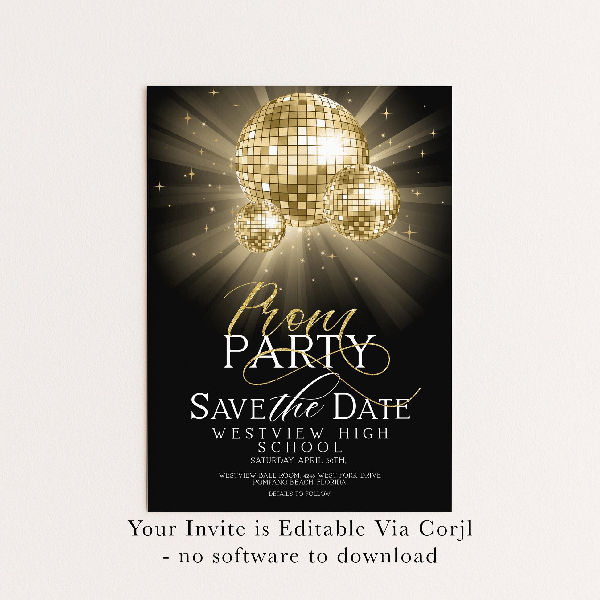 Save The Date Prom Invitations Award Night Invite Event Invite Glitter Ball Gold and Black Disco Printable Editable Instant Download