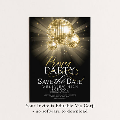 Save The Date Prom Invitations Award Night Invite Event Invite Glitter Ball Gold and Black Disco Printable Editable Instant Download