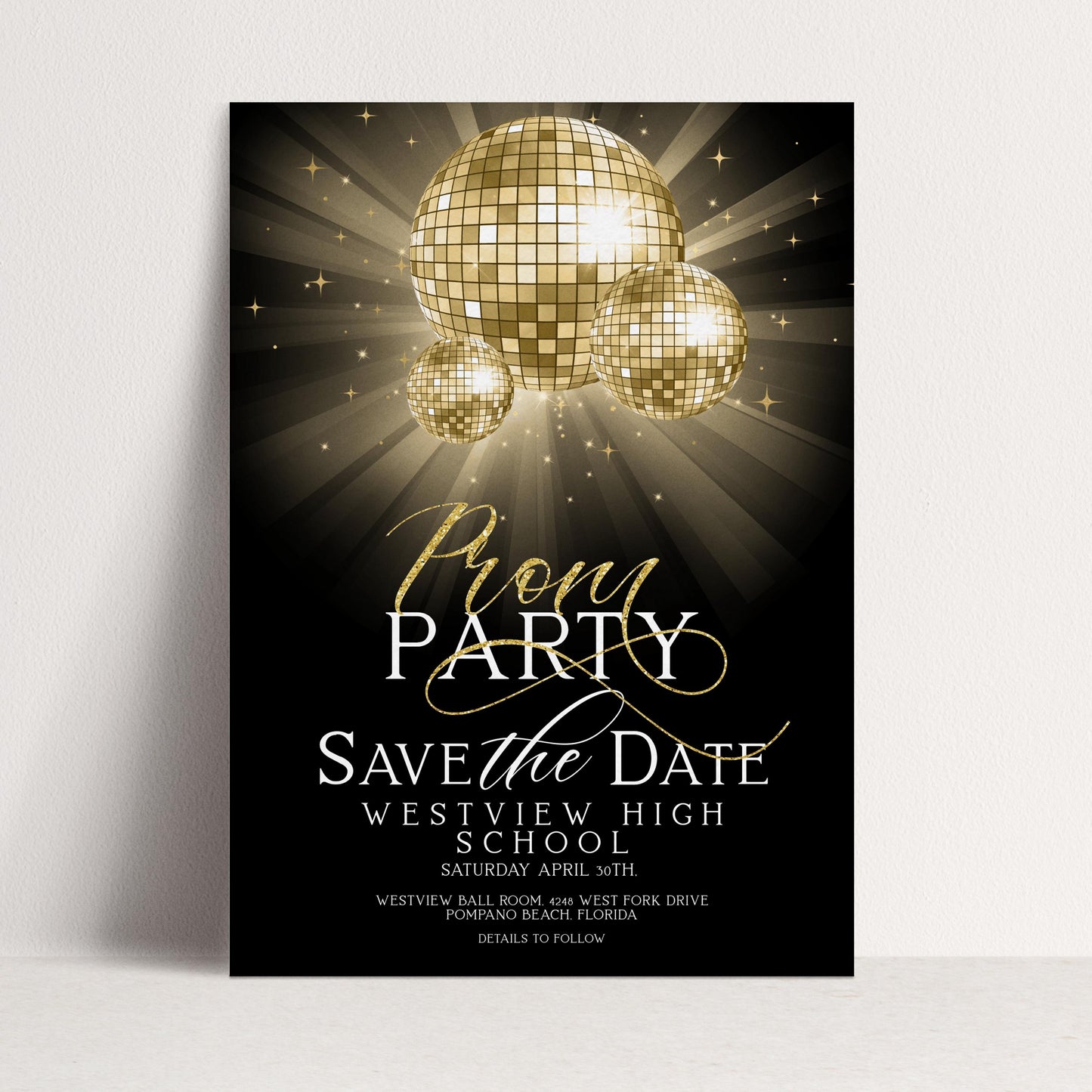 Save The Date Prom Invitations Award Night Invite Event Invite Glitter Ball Gold and Black Disco Printable Editable Instant Download