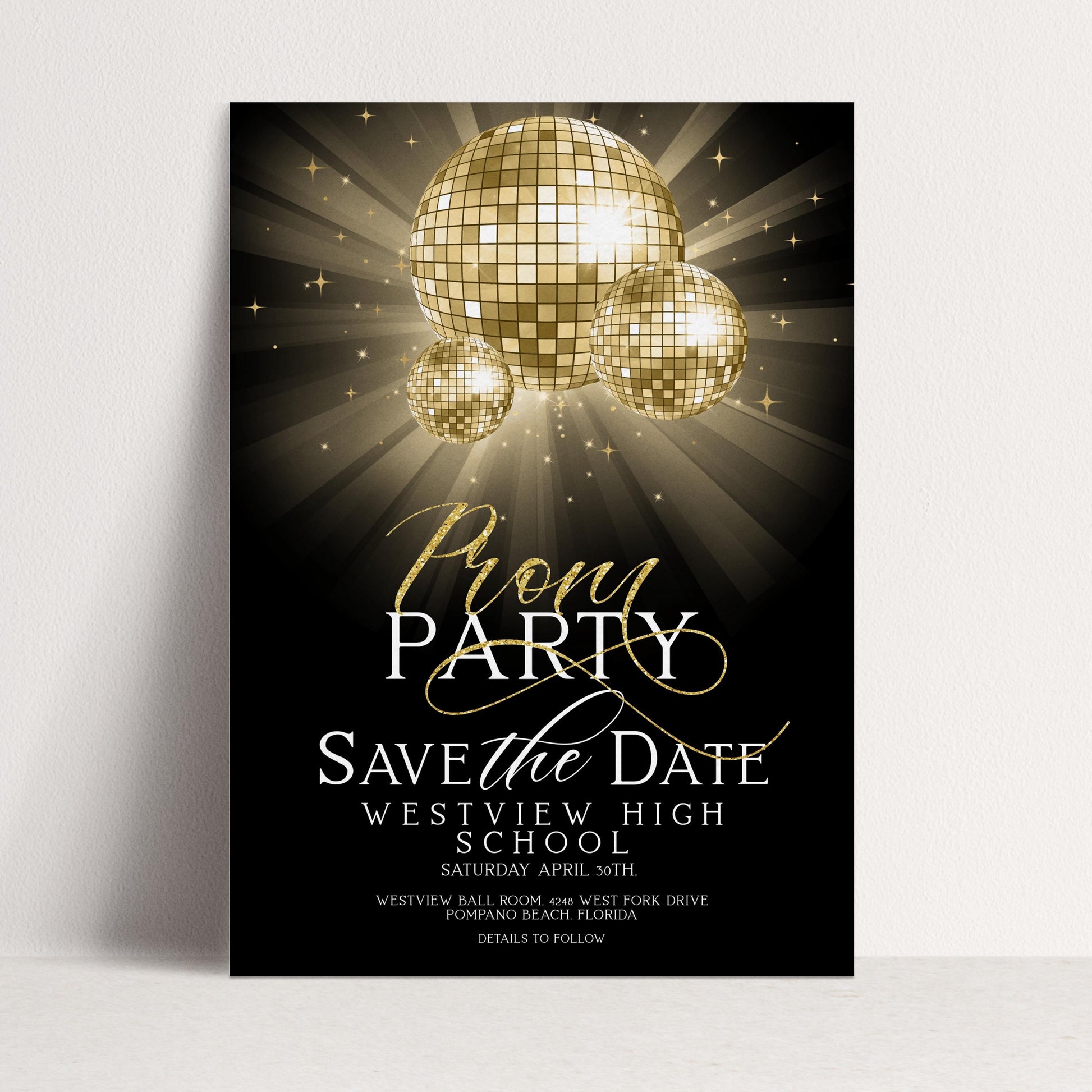 Save The Date Prom Invitations Award Night Invite Event Invite Glitter Ball Gold and Black Disco Printable Editable Instant Download