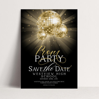 Save The Date Prom Invitations Award Night Invite Event Invite Glitter Ball Gold and Black Disco Printable Editable Instant Download