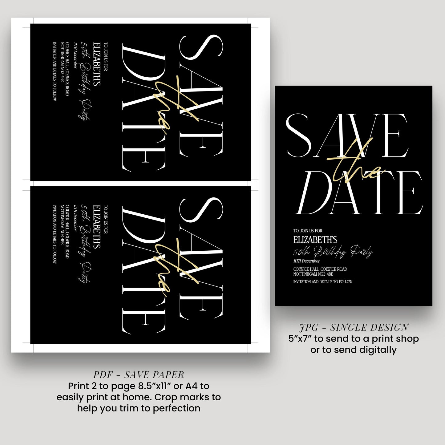 Save the Date Birthday Invitation, 50th Birthday Invite Woman, Black Gold Elegant Party Invite, Milestone Birthday Editable Corjl
