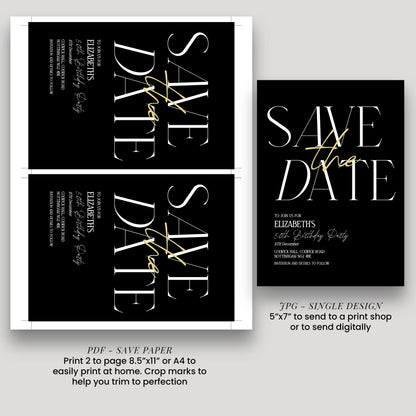 Save the Date Birthday Invitation, 50th Birthday Invite Woman, Black Gold Elegant Party Invite, Milestone Birthday Editable Corjl