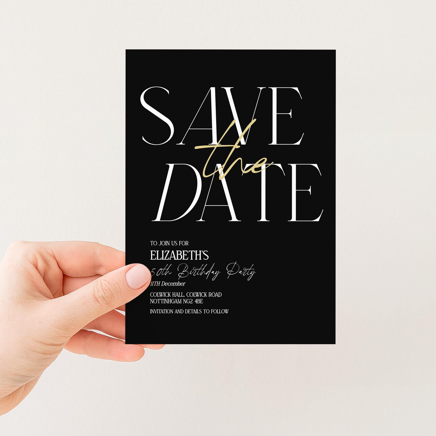 Save the Date Birthday Invitation, 50th Birthday Invite Woman, Black Gold Elegant Party Invite, Milestone Birthday Editable Corjl