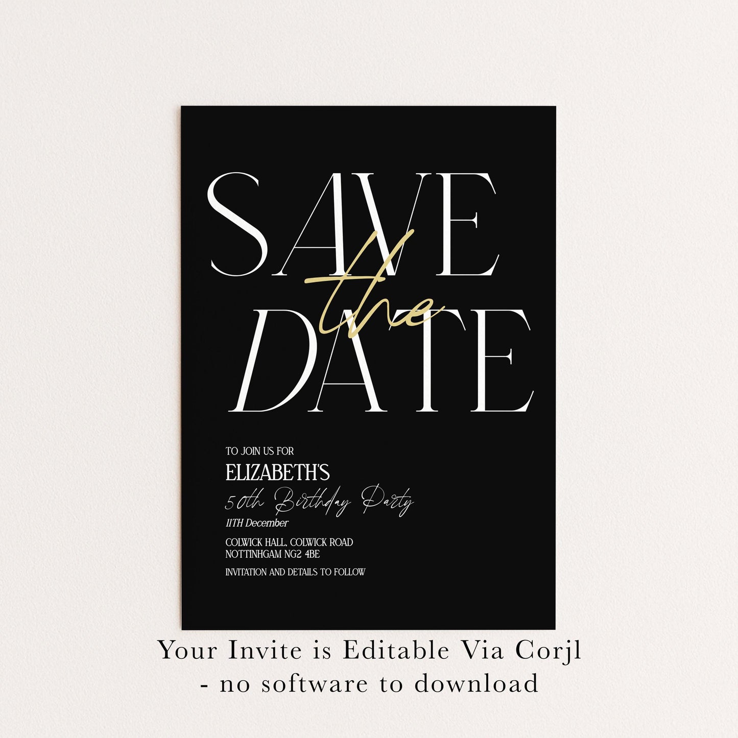 Save the Date Birthday Invitation, 50th Birthday Invite Woman, Black Gold Elegant Party Invite, Milestone Birthday Editable Corjl